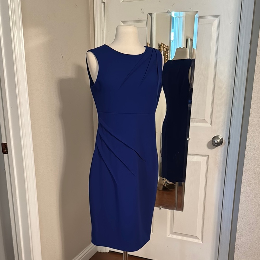 Calvin Klein Navy Blue Sheath Midi Dress Crew Neck Sleeveless